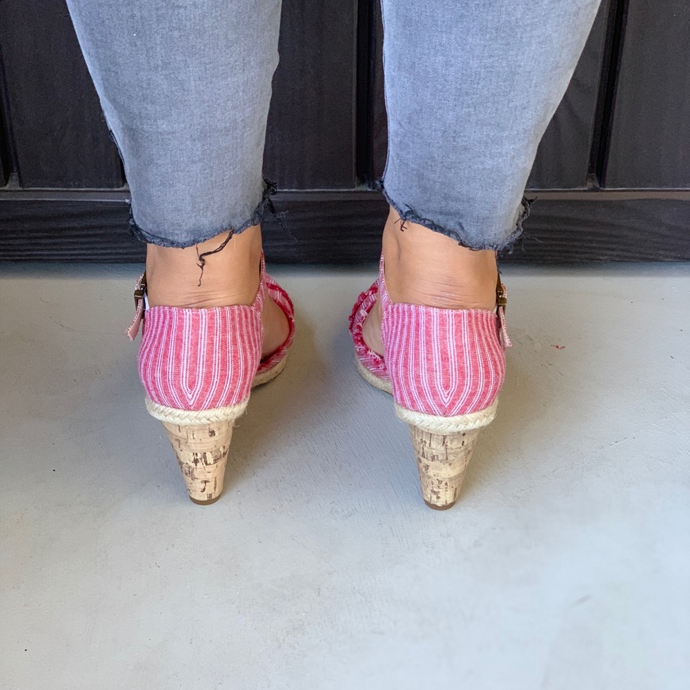 NIB Red/White Linen Striped Cork Wedge Sandals - Picture 7 of 7